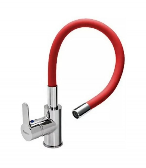Griferia monocomando cocina pico largo flexible rojo Peirano Colors 20-173, Incluye los flexibles para agua fria y caliente y kit fijación