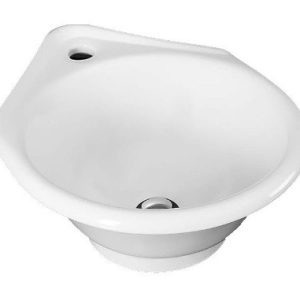 Bacha de baño esquinera Cordenons 42x33x14 de pared, fabricada integramente en porcelana ceramica sanitaria color blanco