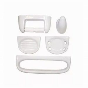 Accesorios baño 5 piezas porcelana blanca Pringles, incluye jabonera, portarrollos, portacepillos de dientes, percha, toallero barral