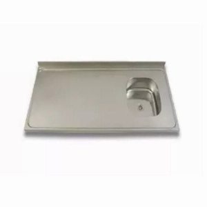 Mesada cocina de acero con bacha simple derecha Ariel 140x62 cm con zocalo posterior, calidad de acero inoxidable 430, pileta de 38x34x15 cm