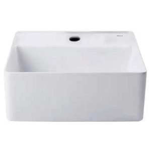 Bacha de baño Kira Plus Roca 35x35x13.5 de apoyo blanco en porcelana ceramica sanitaria para instalacion de apoyar sobre mesada o mueble