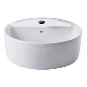 Bacha de baño Optica Plus de Roca porcelana blanca, redonda de 37 cm de diametro y 13. cm de altura, para instalacion sobre mesada