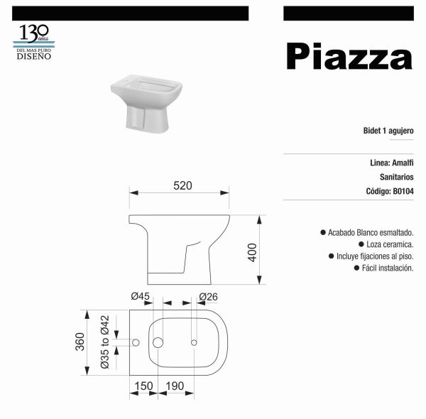 Bidet Piazza Amalfi 1 Agujero Blanco B0104, fabricada totalmente en porcelana ceramica sanitaria apta para griferia monocomando medidas