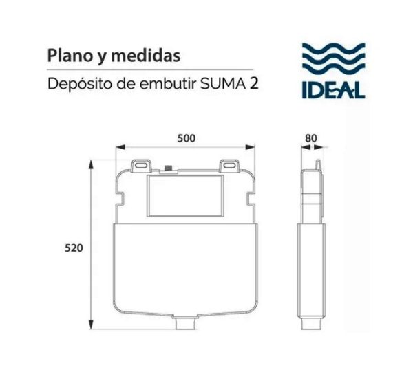 Deposito Embutir Dual Ideal Suma 2 50x52x8 cm, con doble descarga, capacidad de 9 litros, codigo de fabrica 80000-medidas