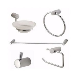 Set de 5 piezas de accesorios para baño linea Zen de Hydros, jabonera, percha, toallero aro, toallero barral, porta rollo papel higienico